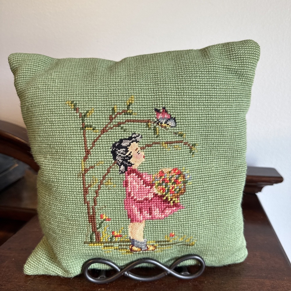 Double Sided Needlepoint Point Pillow Green Cottagecore Country Boy Girl VNTG